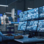 Industry 4.0 Modern Factory: Security Operator Controls Proper Functioning of Workshop Production Line, Uses Computer with Screens Showing Surveillance Camera Feed. High-Tech Security